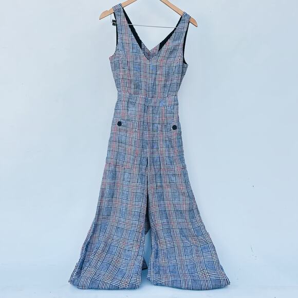 Mango Plaid Check Sleeveless Cut Out Backless Jumpsuit XS Preppy Vest Wide Leg - Picture 2 of 12